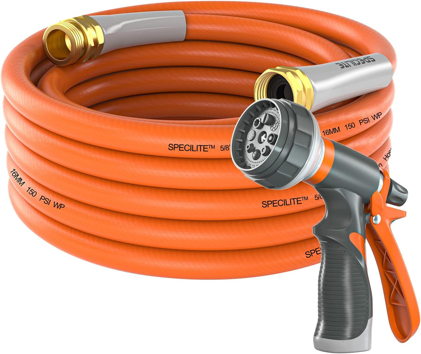 SPECILITE Garden Water Hose 25 ft x 5/8 in Heavy Duty, Flexible and Lightweight, Burst 600 psi, Kink-less Hybrid Rubber Pipe for Backyard, 3/4'' Brass Fittings, Orange