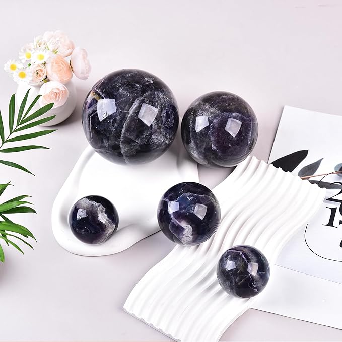 JIC Gem Colorful Fluorite Crystal Ball with Wooden Stand Healing Crystal Sphere Ball for Feng Shui Decor Spiritual Gifts 70-80mm