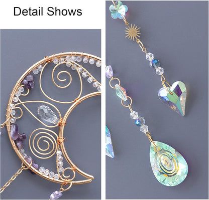 TUOKING Crystal Moon Suncatchers for Window Hanging Natural Healing Stones Wind Chimes Sun Catcher Rainbow Maker Good Luck Gifts Decor for Home Garden