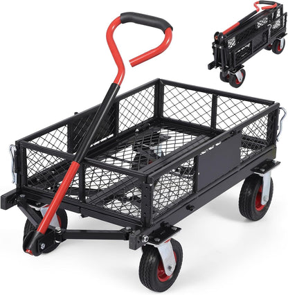 Heavy Duty Steel Garden Dump Cart,Meatl Utility Wagon with Removable Sides & 180° Rotating Handle, Utility Dump Cart with 10-Inch All Terrain Wheels for Yard Lawn and Farm