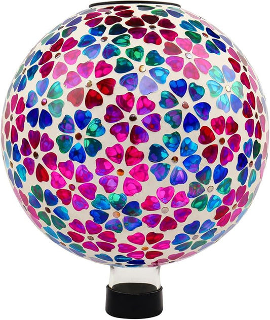 VOREEN Mosaic Solar Glass Gazing Ball, 10" Outdoor Multicolor Gazing Globe, Handmade IP44 Waterproof Garden Decor Sphere for Patio Lawn Yard, Gift for Mom Wife Friend, Heart Flower Design