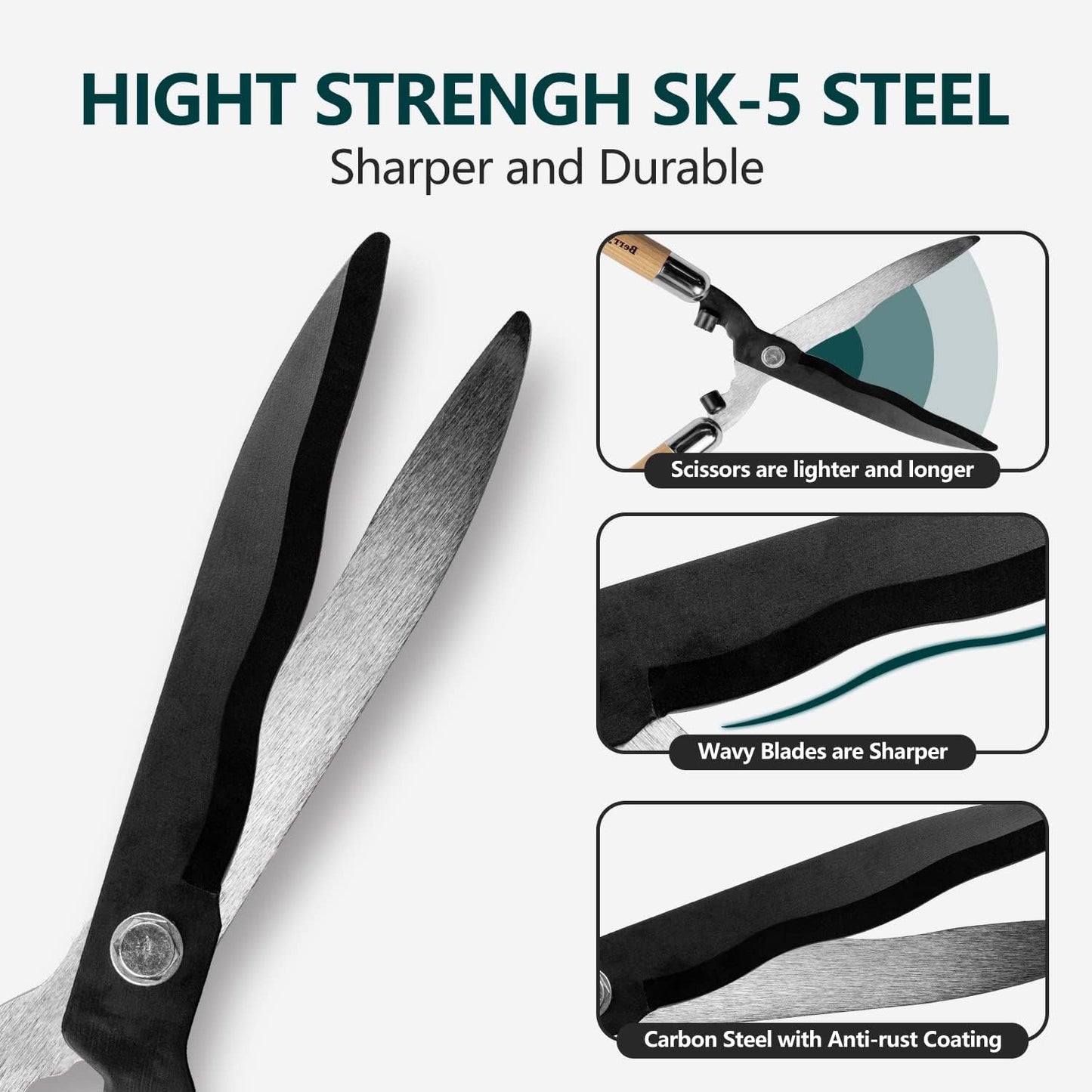 Berry&Bird Garden Hedge Shears,19.88''Heavy Duty Pruning Shear for Trimming Borders and Bushes, Manual Hedge Clippers with Wooden Handles & Carbon Steel Sharp Blades Gardening Scissors