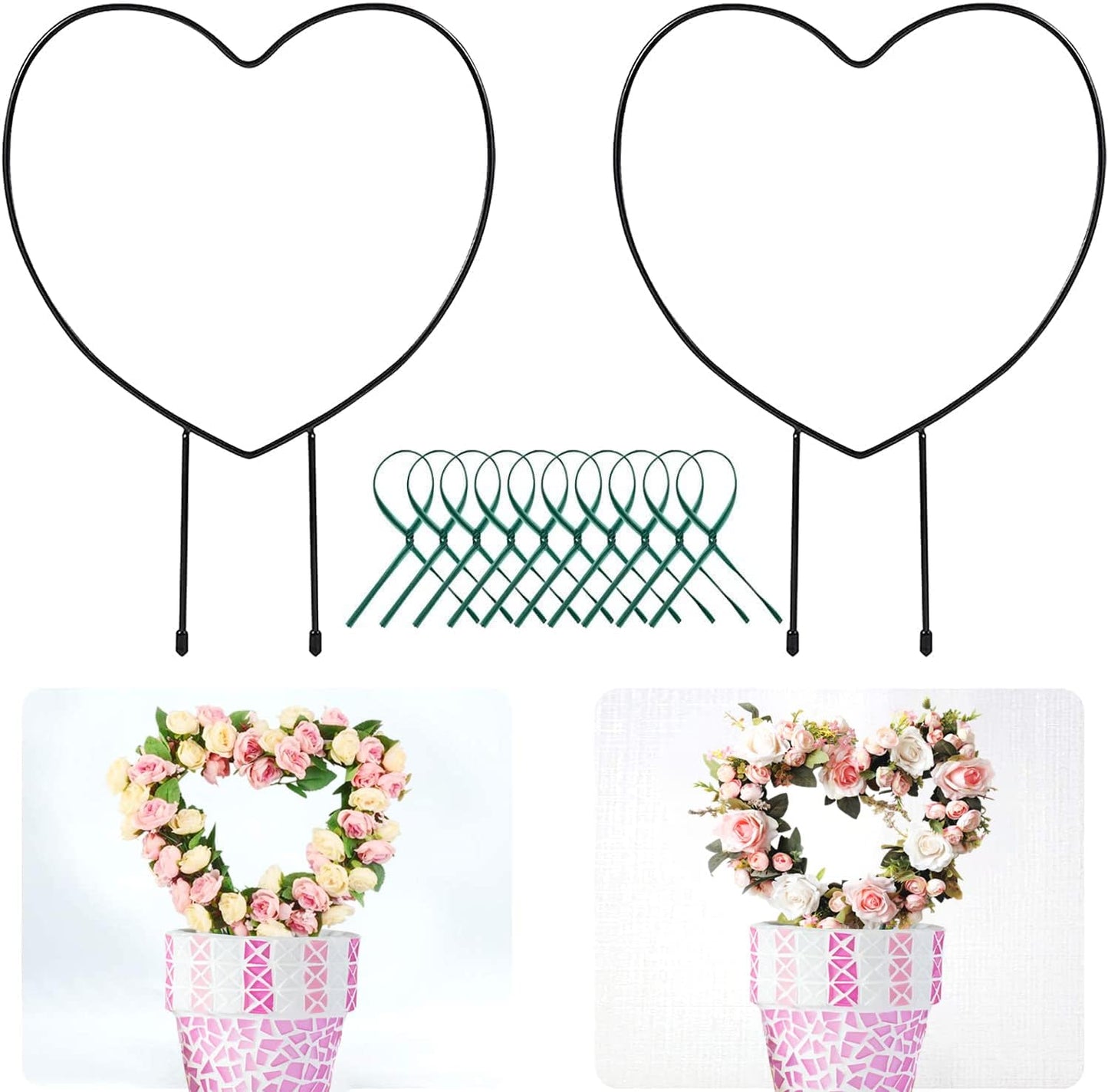 Legigo 2 Pack Black Metal Plant Trellis for Climbing Plants- 13" Iron Heart Trellis Plant Vine Stem Support Wire, Plants Climbing Holder Rack with 10 Plant Twist Tie for Potted Plants Flowers Indoor