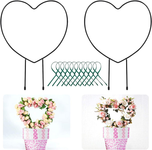 Legigo 2 Pack Black Metal Plant Trellis for Climbing Plants- 13" Iron Heart Trellis Plant Vine Stem Support Wire, Plants Climbing Holder Rack with 10 Plant Twist Tie for Potted Plants Flowers Indoor
