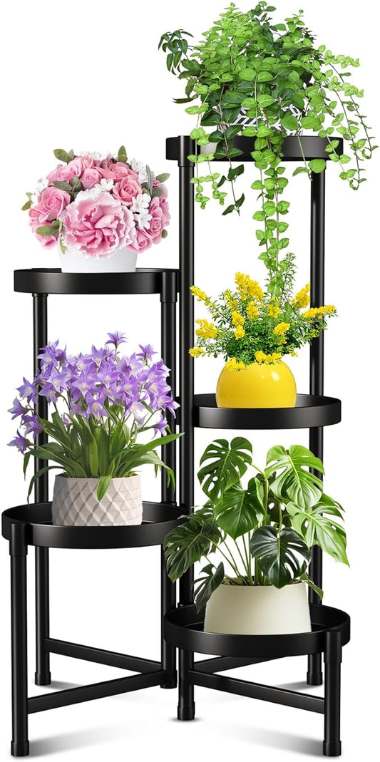 Metal Plant Stand Indoor Outdoor ,5 Tier Foldable Corner Tall Plant Shelf for Multiple Plants,Black Metal Tiered Plant Stand Sturdy and More Balanced,for Garden Patio Lawn Balcony