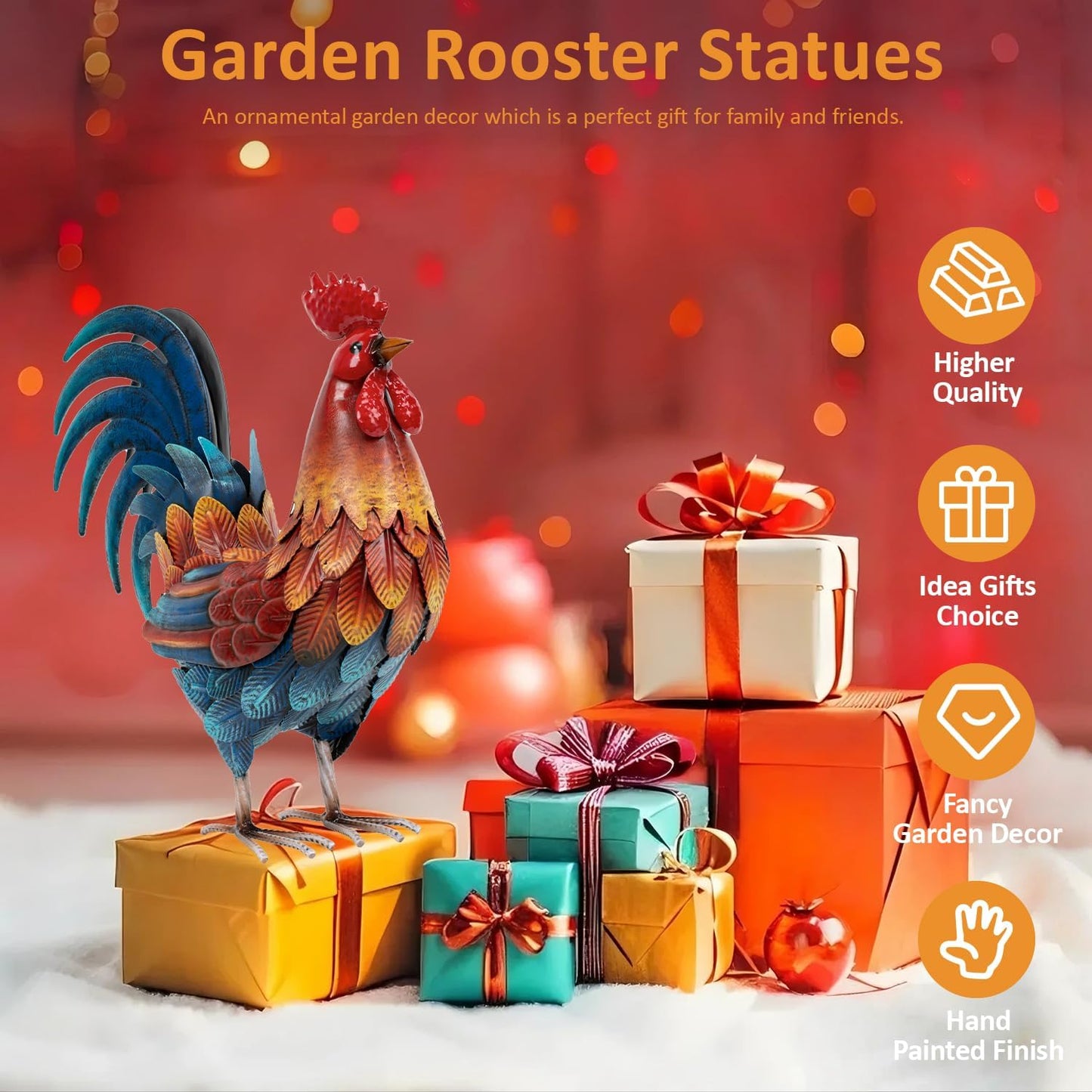 Kircust Metal Rooster Yard Art Statue, Chicken Garden Animals Sculpture Lawn Ornament Figurines Artwork for Outdoor, Patio, Backyard and Home Kitchen Decoration