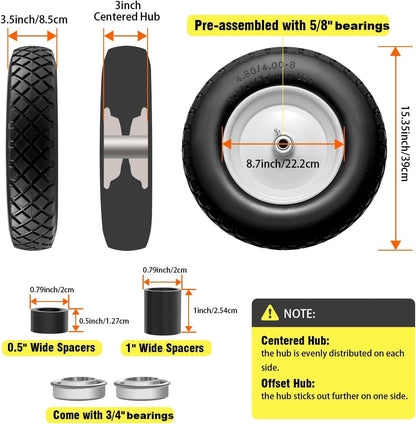 4.80/4.00-8" Tire and Wheel Flat Free 2 PCS, 16" Solid Wheelbarrow Tire with 5/8" & 3/4" Bearings,3"-7" Centered Hub, 14"-16" Universal Fit for Hand Truck/Garden Trailer/Trolley/Wagon