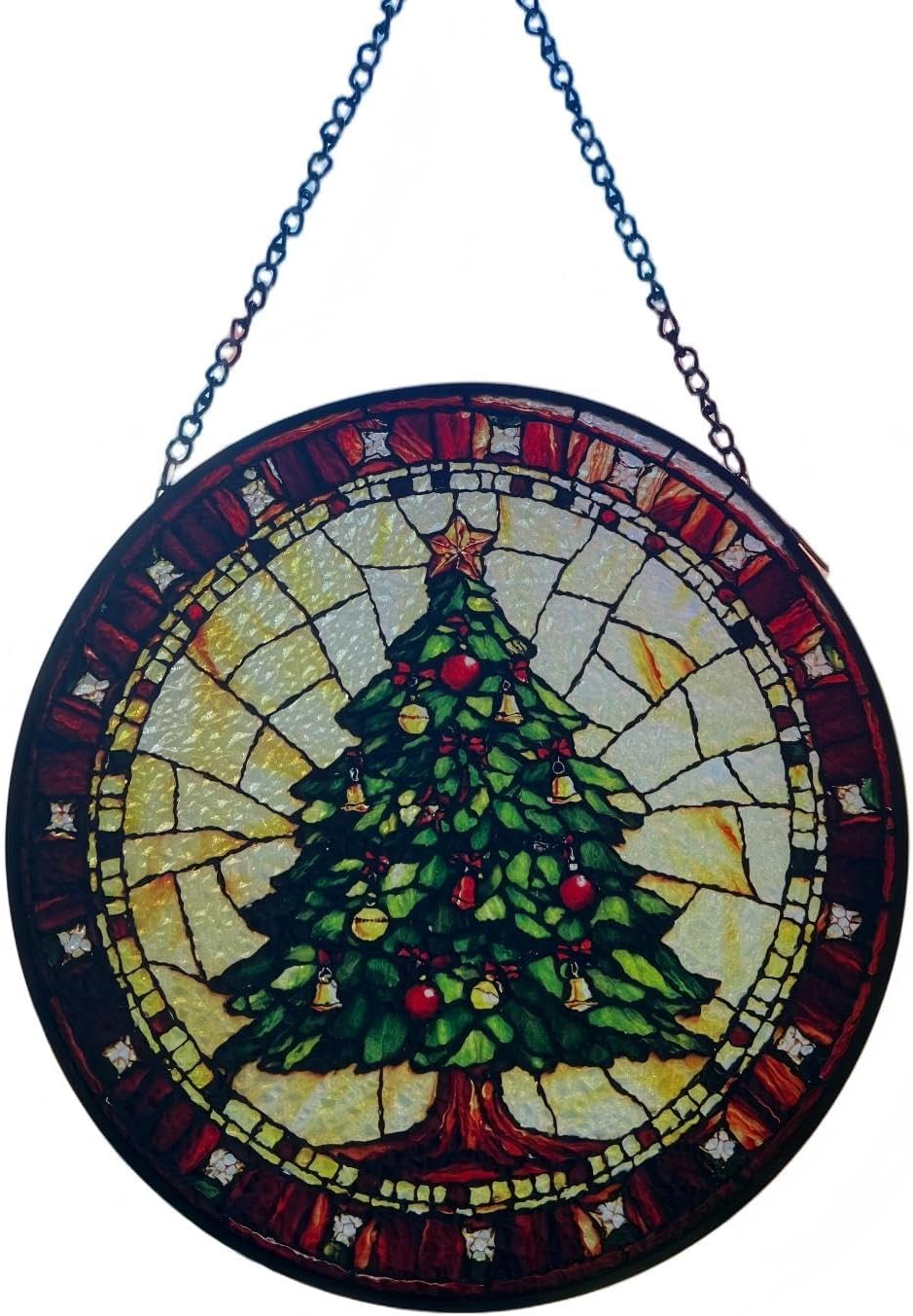 Green Christmas Tree Handmade Stained Glass Window Hanging Suncatcher with Chain - 7.9" Outdoor/Indoor Art Decor for Home Garden, Wedding, Mother's, Valentine's & Christmas Ornaments Present