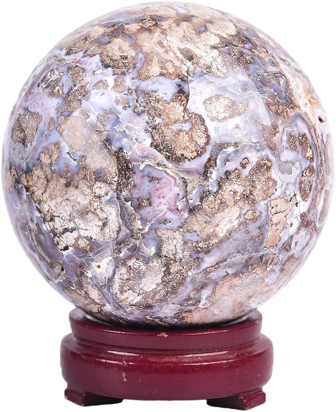 JIC Gem Large Blue Cherry Blossom Agate Crystal Ball with Stand Crystal Sphere Natural Sakura Flower Agate Stone Reiki Healing Meditation Witchcraft Home Decor 4 inch(100mm)