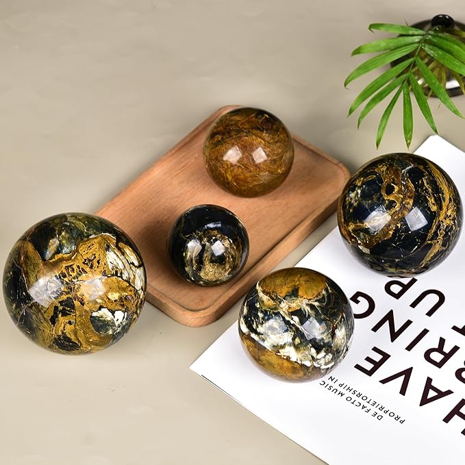 JIC Gem Large Blues and Golden Browns Crystal Sphere with Stand Pietersite Crystal Ball Sphere Gemstone Decorative Ball for Home Decor Altar Reiki Feng Shui Crystal Gift 80-90mm