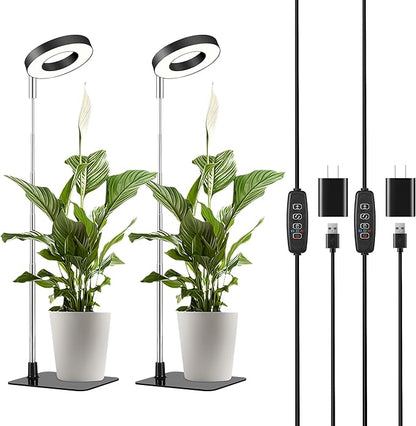 48 LEDs Full Spectrum Grow Lights for Indoor Plants, Height Adjustable, Small Black Halo Plant Light with Base, 3 Light Modes, 10 Brightness, Auto Timer 3/9/12H, 2 Pack