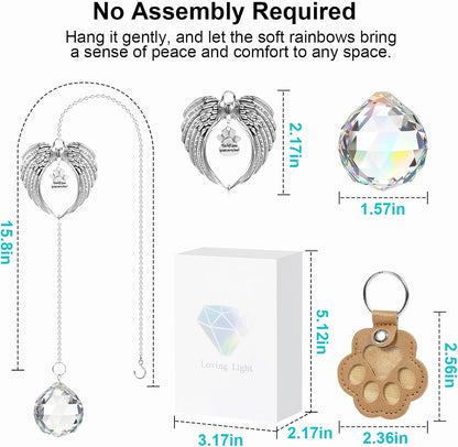 Pet Memorial Gifts for Loss of Dog or Cat, Crystal Suncatcher with Rainbow Light Effect and Angel Wing Design, Includes Fur Keepsake Keychain, Sympathy Gift Set for Remembrance & Bereavement