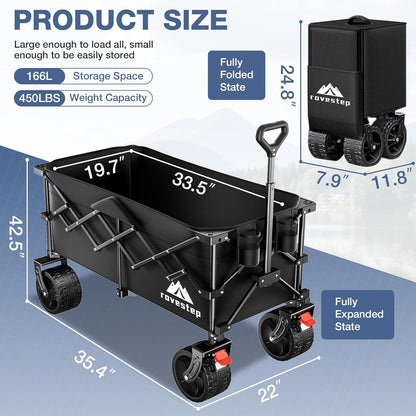 Collapsible Wagon, Foldable Beach Cart with Big Wheels for Sand, Heavy Duty All-Terrain Utility and Garden Cart, Portable Grocery Wagon, 166L Capacity, 450lb Load