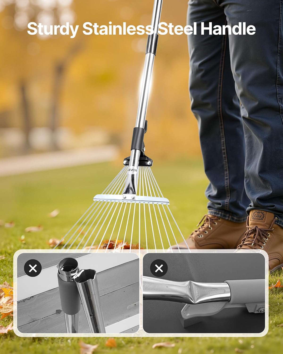 VEVOR Leaf Rake, 18 Metal Tines, Adjustable Garden Rake for Lawns with 7.7-17.1 Inch Head & 32.3-55.6 Inch Long Handle, Heavy Duty Stainless Steel Small Leaves Tool for Gardening Camping Yard Grass