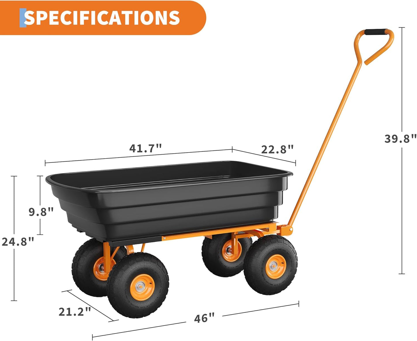 Garden Dump Cart, 6 Cu.Ft. 1200Lbs Garden Cart, Heavy-Duty 4 Wheel Wheelbarrow Yard Cart with 13-Inch All-Terrain Wheels, Features A Quick-Release Tipping Function, for Courtyards, Farm, Gardening