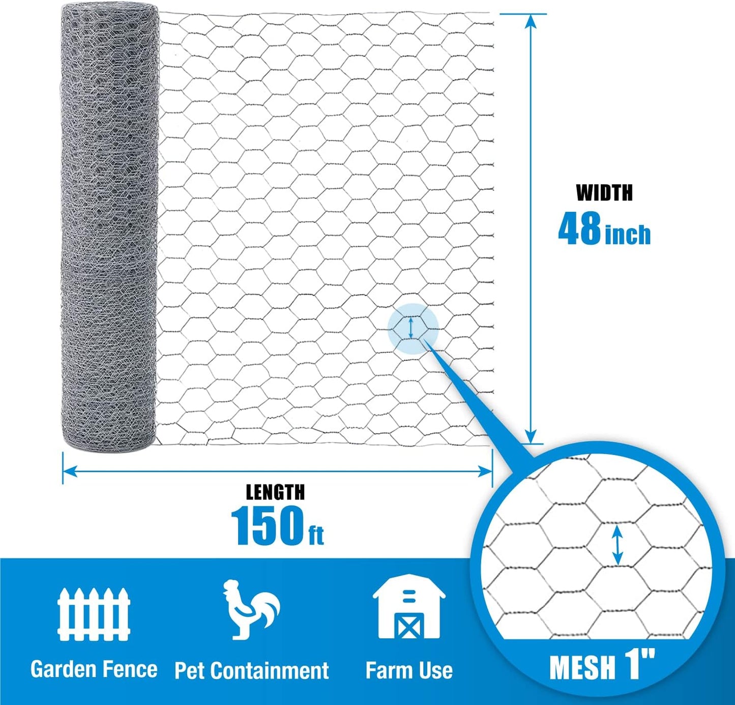 Fencer Wire 20 Gauge Chicken Wire Fence, Galvanized Poultry Hexagonal Netting Crafting, Chicken Coops & Rabbit Rodent Cage, 1-Inch Hex Grid (4 ft. x 150 ft.)