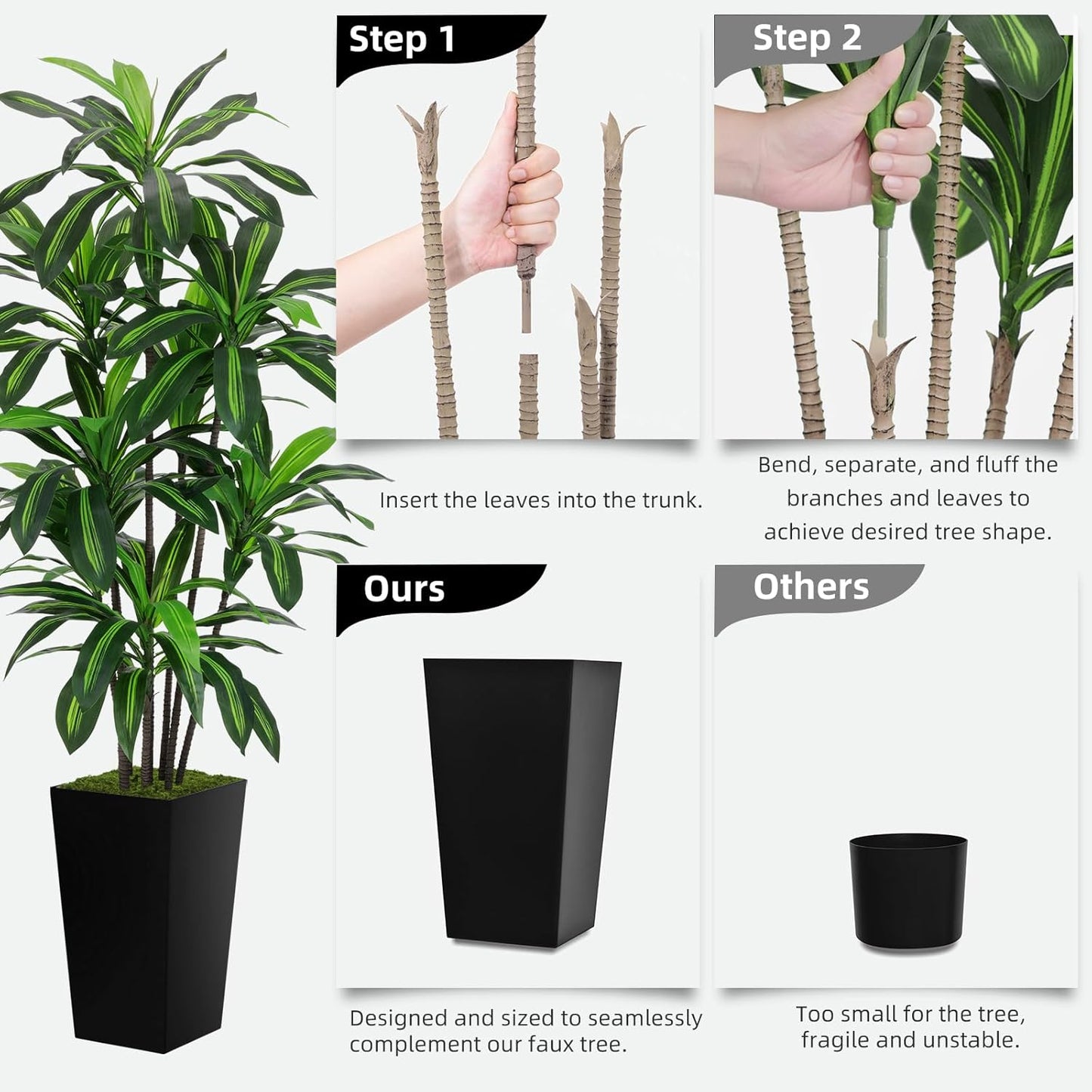 Artificial Dracaena Plant 6FT - Fake Tree with White Tall Planter - Faux Yucca Tall Fake Floor Plant in Pot - Artificial Trees for Home Office Living Room Decor Indoor