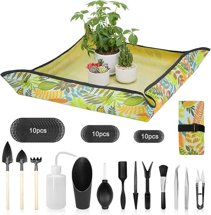 Repotting Mat for Indoor Plants, Foldable Waterproof Plant Potting Soil Tray with 13 Pcs Garden Transplanting Succulent Tools and 30 Pack Mesh Pads for Outdoor Care, Green