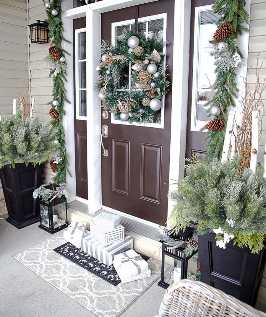 RECUTMS Artificial Pine Tree Branches Fake Greenery Picks Plastic Plants Leaves Plant Decorations Stem Soft Look Real for Home Garden (Green White)