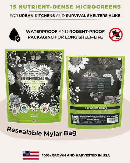 15 Tactiko Rapid Growth Microgreens & Vegetable Seed Kit – Heirloom Non-GMO Grown in USA – for Everyday or Survival Use – Sprout Indoors or Grow Full-Size Veggies in Soil, Containers, or Hydroponics
