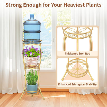 LASZOLA Gold 3 Tier Tall Plant Stand for Indoor Outdoor, Large Multiple Level Flower Planter Holder Organizer Rack for Patio Office Bathroom Corner Floor, Sturdy Heavy Duty Metal, Vertical Display
