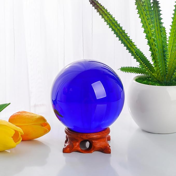 Dark Blue Crystal Ball 80mm/3.1 inch with Rose Wooden Stand and Gift Box for lensball Photography,Fortune Teller,Feng Shui, Witchcraft Decor,Scrying,Magic,Quartz Glass Orb Prop Decorative Sphere