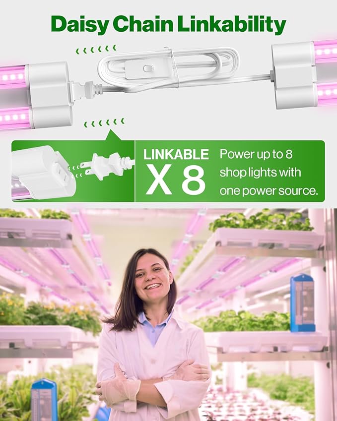 Sunco 8 Pack 2ft Grow Light LED, 20W, Full Spectrum, for Seed Starting, Seedling, Indoor Plants, Plug in Suspended Fixture, Link Up to 8, Inline Switch, ETL.