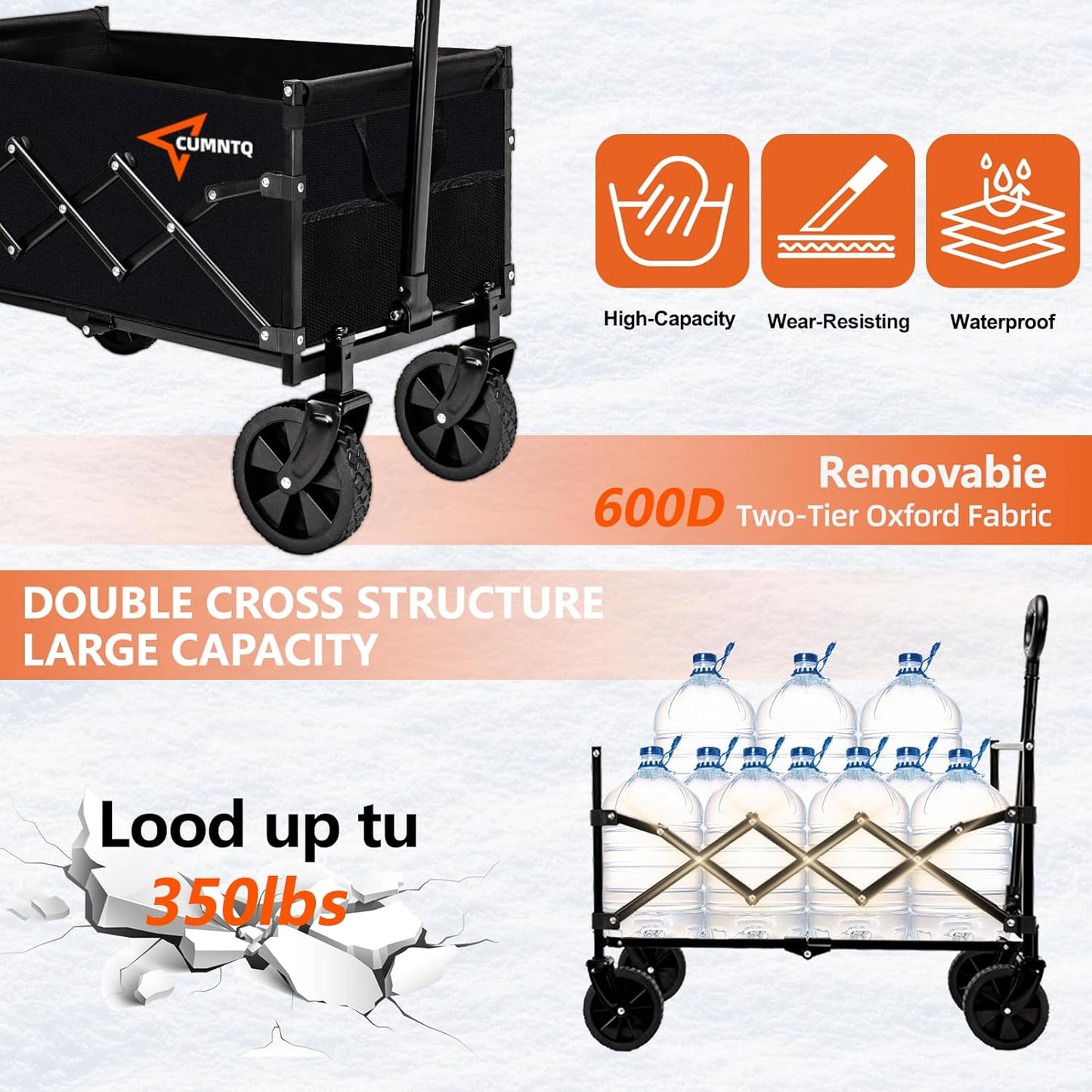 Collapsible Folding Wagon, 350lb Weight Capacity Collapsible Wagon with All-Terrain Wheels, Cup Holders and Adjustable Handle Utility Wagon, for Grocery Camping Garden Sports Shopping, Black