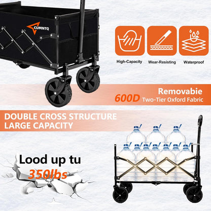 Collapsible Folding Wagon, 350lb Weight Capacity Collapsible Wagon with All-Terrain Wheels, Cup Holders and Adjustable Handle Utility Wagon, for Grocery Camping Garden Sports Shopping, Black