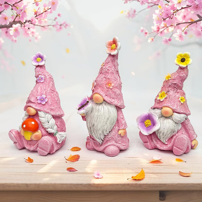 Gnome Decoration Figurine Outdoor Statue Resin 3pcs Flowers Spring Gnomes, Home Decoration Ornaments for Desktop Bookshelves Courtyard Garden Gift (Pink)