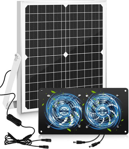 20W Solar Fan Kit for Greenhouse, Solar Panel Powered Dual Exhaust Fans, 3500 RPM IP67 Waterpoof Attic Fan for Chicken Coop, Dog House, Shed, Pet House Air Cooling
