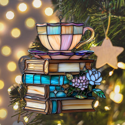 Flowers Book and Tea Acrylic Suncatcher Stained Glass Effect Window Car Hanging Christmas Ornament Indoor Outdoor Decor Garden Sun Catcher Panel for Book Lover for Women Mom Grandma