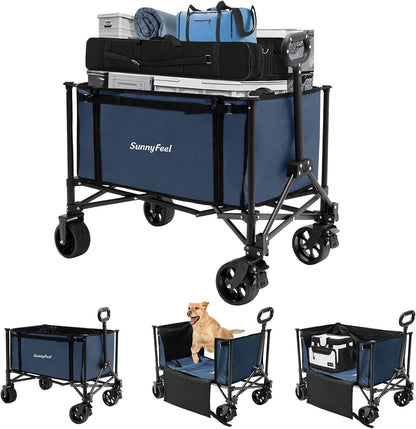SUNNYFEEL Wagon Cart Foldable, Standard Borderless Version Collapsible Wagon with 220 LBS Max Load, Up to120L Foldable Grocery Cart with Side Opened for Groceries, Garden & Camping,Blue