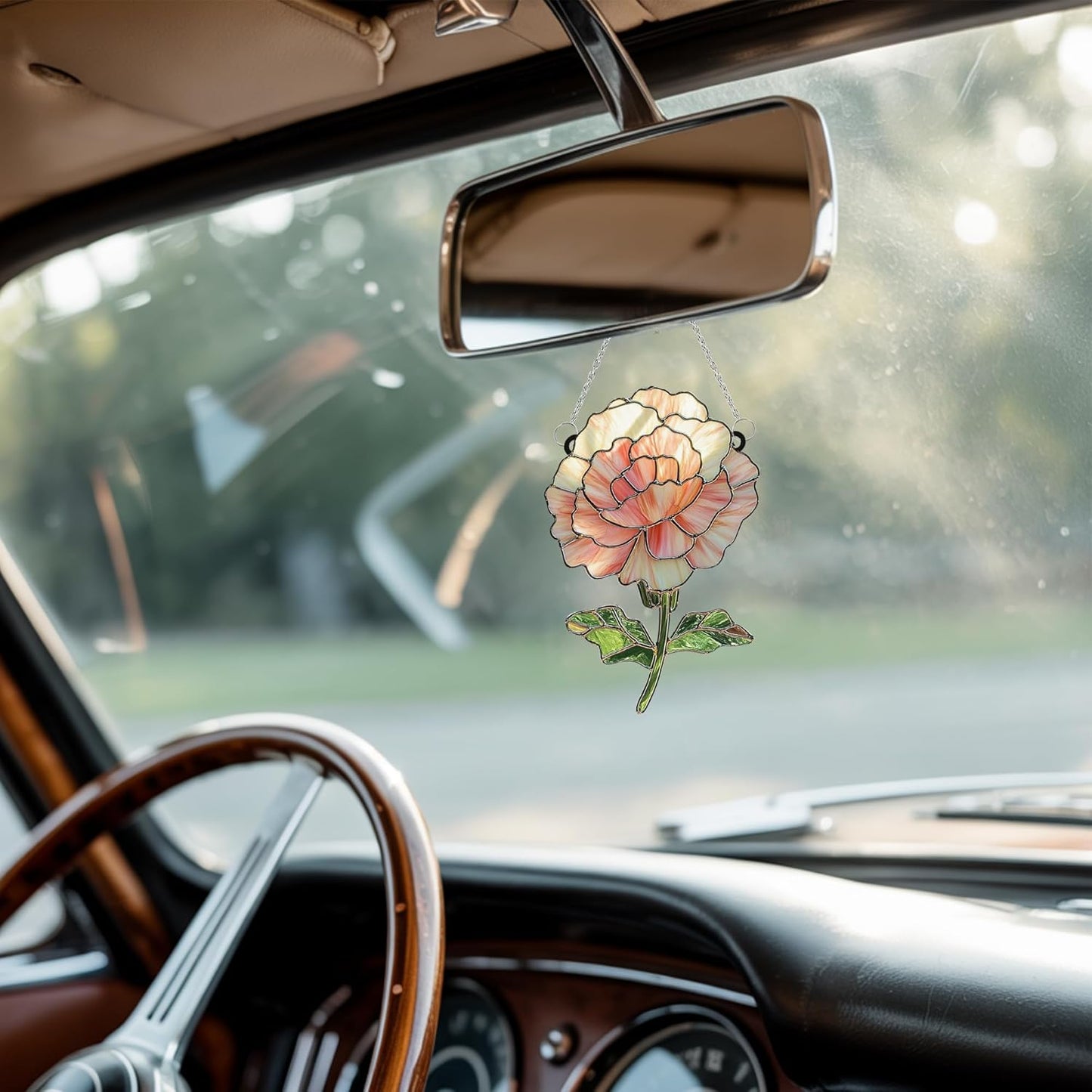 Light Pink Rose Flower Acrylic Suncatcher Stained Glass Effect Window Car Hanging Christmas Ornament Indoor Outdoor Decor Garden Sun Catcher Panel Flower Lover for Women Mom Grandma