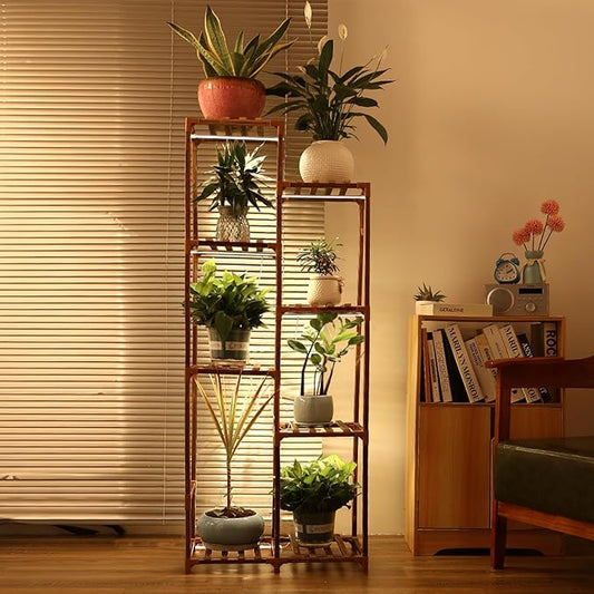 Plant Stand with Grow Light, Tall Plant Stands Indoor with Full Spectrum Led Grow Light, Timer Function and Brightness Adjustment, 8 Tiered Wood Plant Shelf for Corner | Patio | Living Room