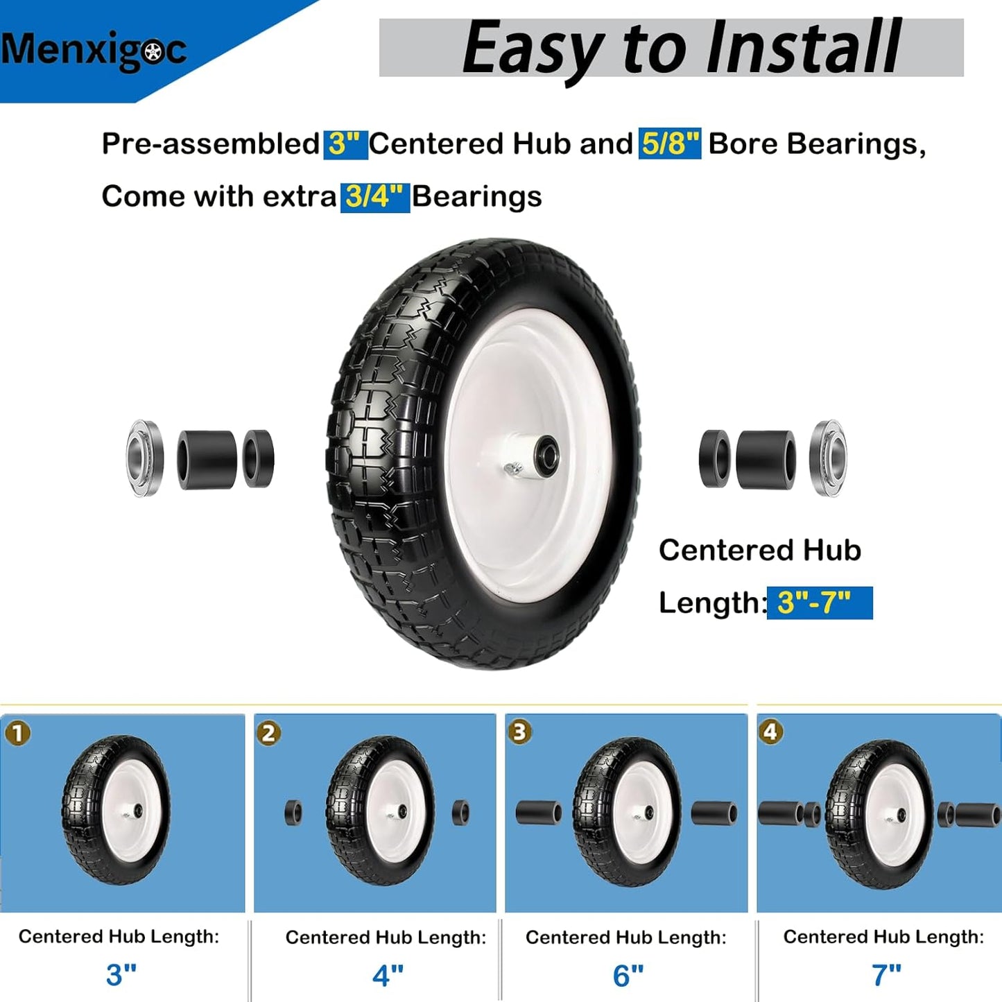 4.80/4.00-8 Solid Tire, 14.5" Flat Free Tire and Wheel, 5/8" Bore Bearing with 3/4" Extra Bearings, 3" -7" Centered Hub - Universal for 4.80-8 4.00-8 4.00-6 3.50/3.00-8 Wheels