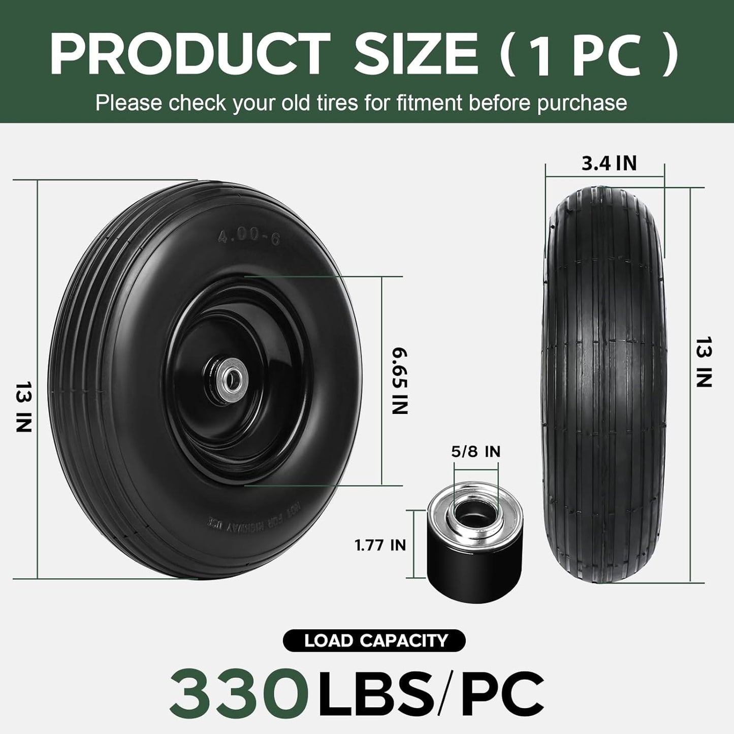 Taifa 13 Inch 1 Pack Solid Flat Free Replacement Tires and Wheels 4.00-6 with 5/8'' Axle Bore Hole, Air Less Wheel for Wheelbarrow/Wagon/Hand Truck/Trolley/Garden Scooter etc.