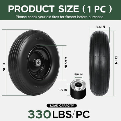 Taifa 13 Inch 1 Pack Solid Flat Free Replacement Tires and Wheels 4.00-6 with 5/8'' Axle Bore Hole, Air Less Wheel for Wheelbarrow/Wagon/Hand Truck/Trolley/Garden Scooter etc.