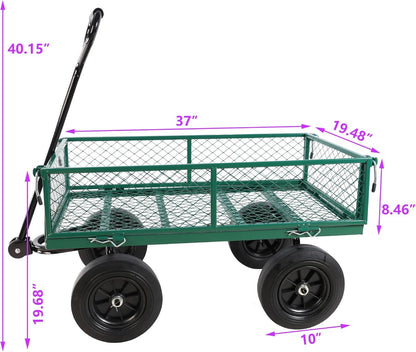 Heavy-Duty Solid Tire Garden Dump Cart - 4.86 cu. ft. Yard Wagon Cart with 600 LBS Capacity & Spacious Mesh Bed (37" x 19.5") - No-Flat Tires, Utility Wagon