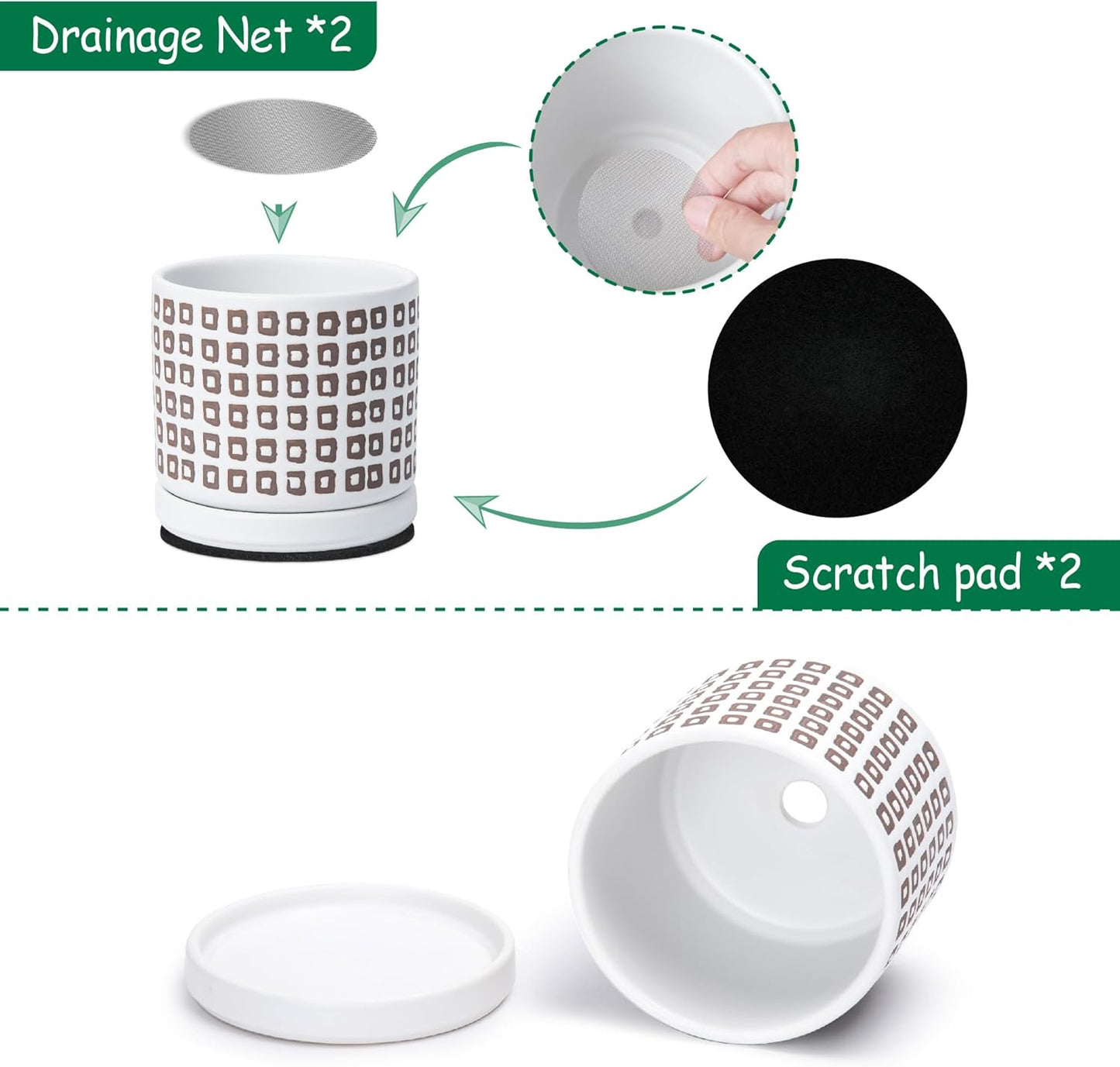 D'vine Dev Set of 2 Ceramic Planter Pots with Drainage Hole and Saucer, 4.5 Inch Plant Pots for Plants Indoor Houseplants, White, 99-Z-A-1-V