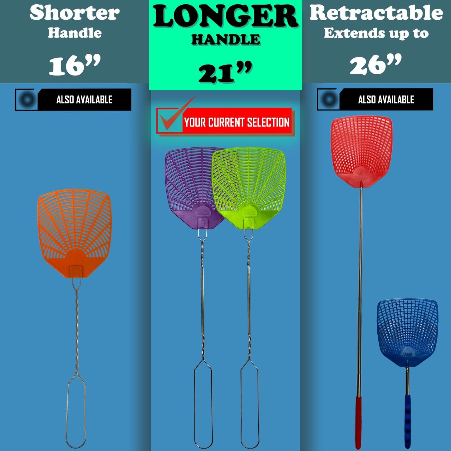 Bug & Fly Swatter – Braided Metal Handle 6 Pack Fly Swatters – Indoor/Outdoor – flyswatter (21 inch - Set of 6)