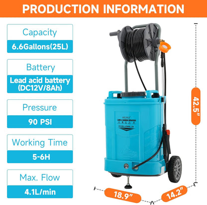 6.6 Gallon Battery Powered Sprayer, Portable Sprayer with Wheels,0-94 PSI,12V 8Ah Battery,Adjustable HD Wand and 10 Nozzles for Weeding, Spraying, Cleaning