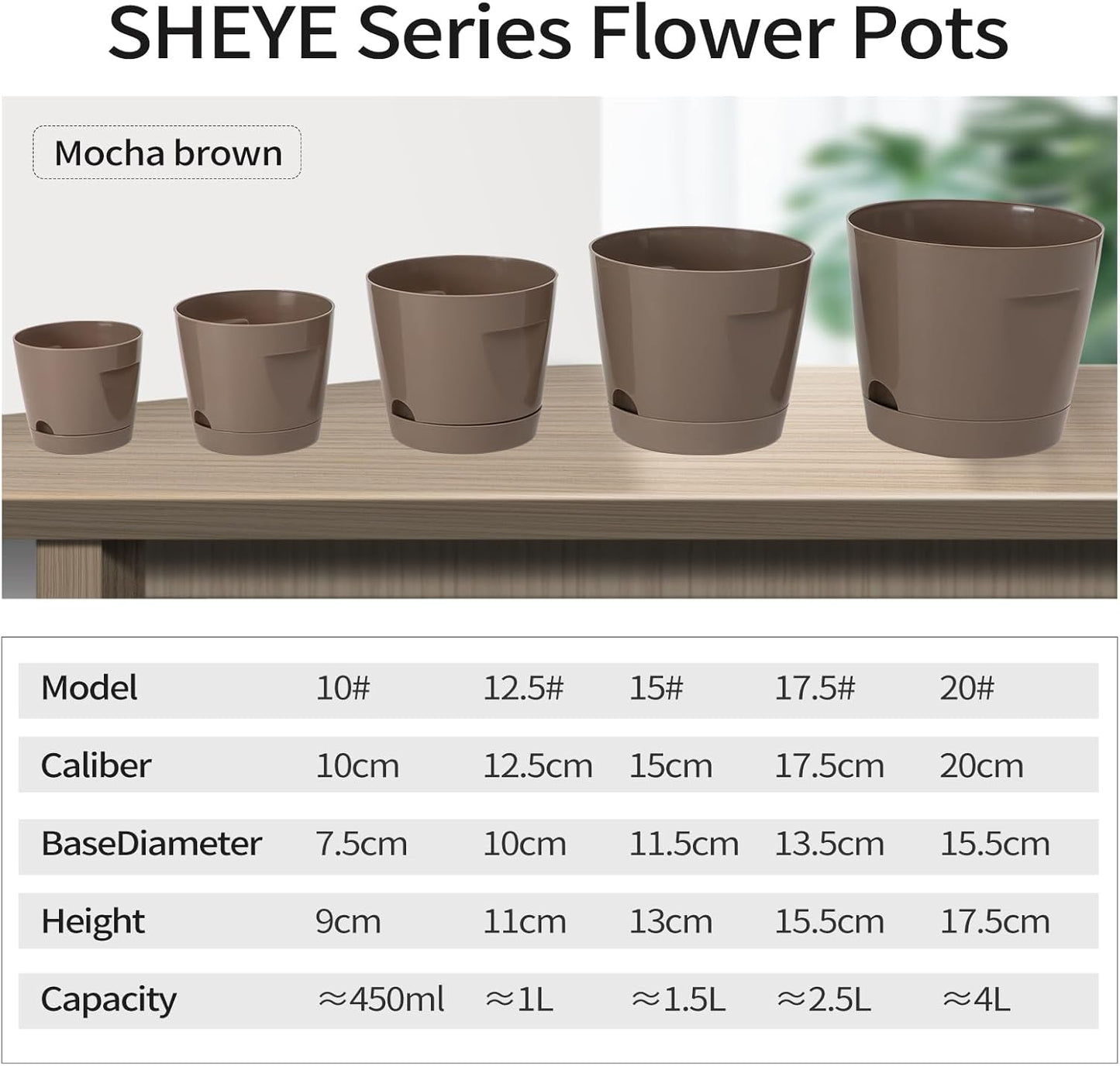 5 Pack Plastic Planters with Drainage, Self Watering Pots for Indoor Plants, Small Cute Plastic Pots in 5 Sizes, Ideal for Indoor Plants (Brown)
