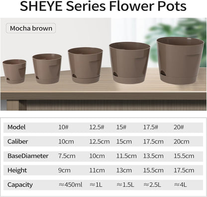 5 Pack Plastic Planters with Drainage, Self Watering Pots for Indoor Plants, Small Cute Plastic Pots in 5 Sizes, Ideal for Indoor Plants (Brown)