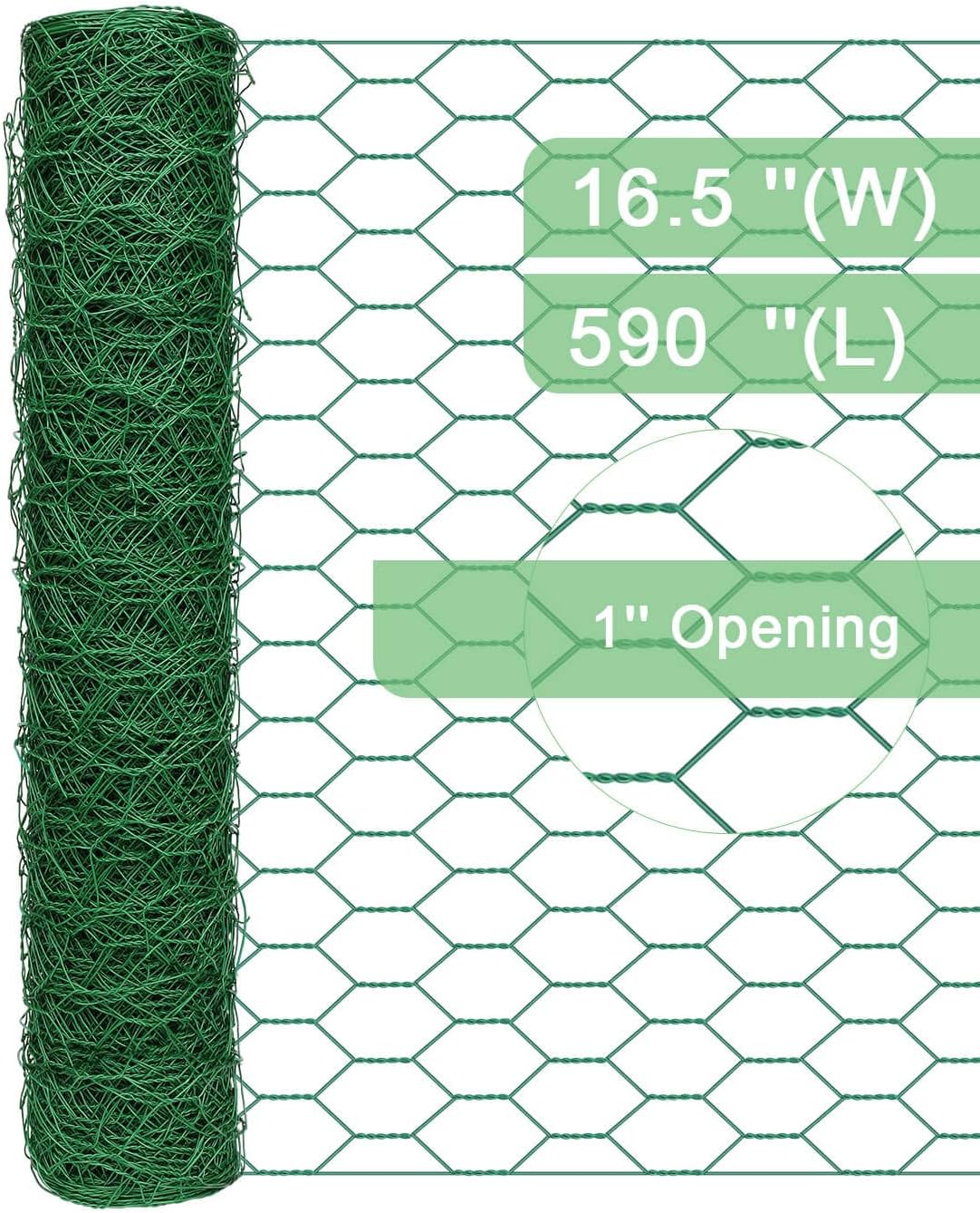 Garden Poultry Green Chicken Wire - 16.5 '' × 590 '' Chicken Wire Floral for Crafts, Garden Fence Animal Barrier, 1 inch Mesh Poultry Netting Fence, Pet/Rabbit/Chicken Wire Fencing
