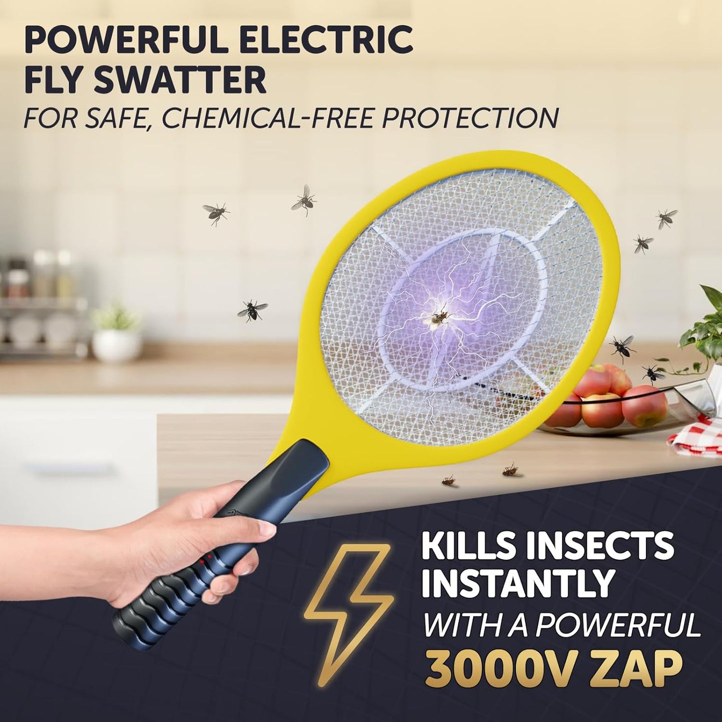 Bug Zapper 18" Electric Fly & Mosquito Swatter Racket - Outdoor/Indoor Killer for Flies, Battery-Operated Tennis Killing Zap, 3000 Volts Electronic Catcher, 2 AA Batteries Included - Yellow