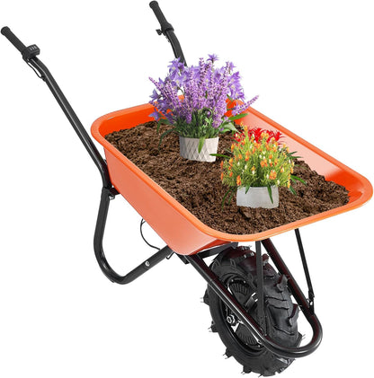 VEVOR Electric Wheelbarrow Cart, 500W Powered Utility Garden Wagon Dump Cart, 4 Cu. Ft. Load & 330 lbs Capacity with Metal Handle & 16" Track Wheels, One Wheel Barrow Yard Cart & Wagons for Lawn Farm