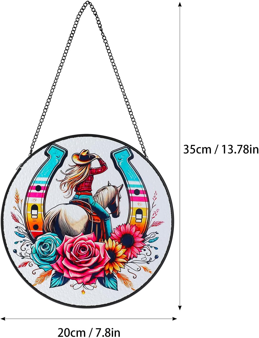 West Cowgirl Horse Suncatcher Stained Glass Window Hanging with Metal Chain and Hooks 7.8 Inch Indoor/Outdoor Home & Garden Decor Housewarming Gifts