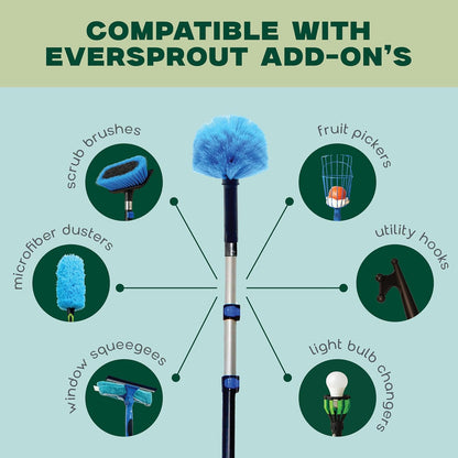 EVERSPROUT 5-to-12 Foot Cobweb Duster and Extension-Pole Combo (20 Foot Reach, Soft Bristles) | Hand Packaged | Lightweight, 3-Stage Aluminum Pole | Indoor & Outdoor Use Brush Attachment