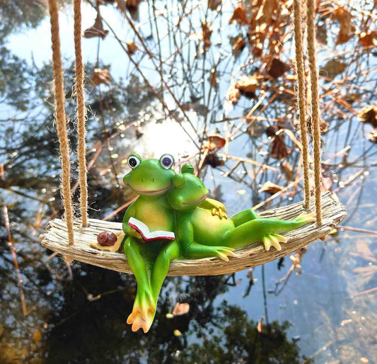Artisan Flair Hanging Swing Frog Statues - Frog Statues for Garden Outdoors, Reading Book Frog Figurine, Resin Couple Decor for Garden, Balcony, Tree Decoration